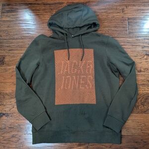 Jack & Jones Men's Olive Green Hoodie with Orange Graphic Size XL